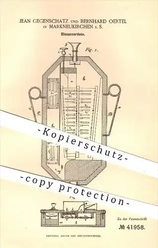 original Patent - Jean Gegenschatz , B. Oertel , Markneukirchen , 1886 , Blasakkordeon , Akkordeon , Musikinstrumente !!