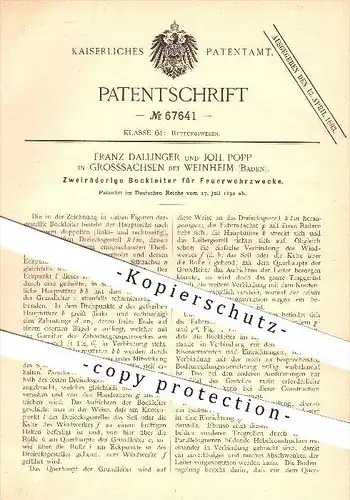 original Patent - F. Dallinger , J. Popp / Grosssachsen - Weinheim , 1892 , Bockleiter für Feuerwehr , Feuerwehrmann !