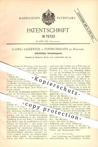 original Patent - L. Randewich , Friedrichshafen / Bodensee , 1892 , Verkaufsapparat , Verkaufsautomat , Automat , Kasse