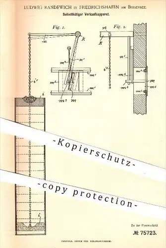 original Patent - L. Randewich , Friedrichshafen / Bodensee , 1892 , Verkaufsapparat , Verkaufsautomat , Automat , Kasse
