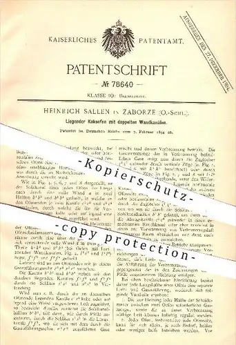 original Patent - H. Sallen , Zaborze , 184 , Liegender Koksofen , Ofen , Öfen , Ofenbauer , Brennstoffe , Koks !!!