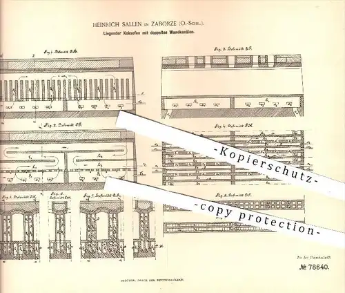 original Patent - H. Sallen , Zaborze , 184 , Liegender Koksofen , Ofen , Öfen , Ofenbauer , Brennstoffe , Koks !!!