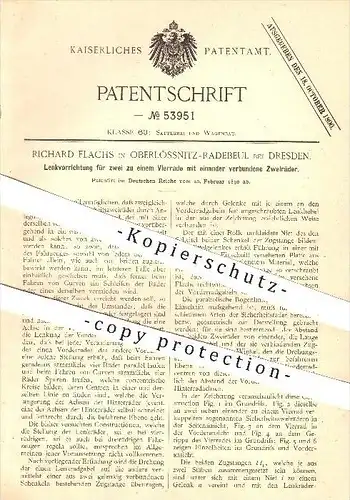 original Patent - R. Flachs , Oberlössnitz - Radebeul / Dresden , 1890 , Lenkung für Zweirad , Fahrrad , Vierrad , Räder