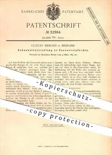 original Patent - Gustav Herold , Meerane , 1885 , Karussell - Pferde mit Schaukel - Vorrichtung , Schaukeln , Sport !!!