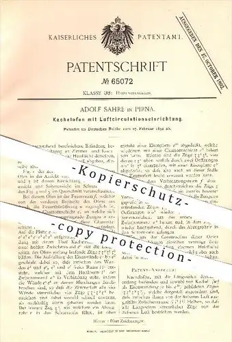 original Patent - A. Sahre , Pirna 1892 , Kachelofen mit Luftzirkulation , Ofen , Öfen , Ofenbauer , Heizung , Feuerung