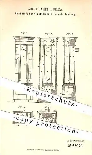 original Patent - A. Sahre , Pirna 1892 , Kachelofen mit Luftzirkulation , Ofen , Öfen , Ofenbauer , Heizung , Feuerung