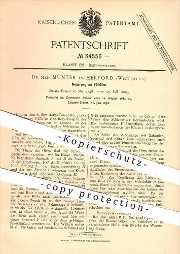 original Patent - Dr. med. Münter in Herford , 1885 , Füllofen , Füllöfen , Ofen , Öfen , Ofenbauer , Heizung , Feuerung