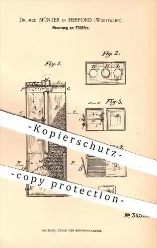 original Patent - Dr. med. Münter in Herford , 1885 , Füllofen , Füllöfen , Ofen , Öfen , Ofenbauer , Heizung , Feuerung