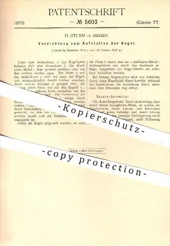 original Patent - H. Sturm , Siegen , 1878 , Aufstellen der Kegel , Kegeln , Kegelbahn , Bowling , Sport , Spiele !!!