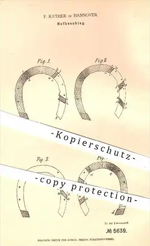 original Patent - F. Kather in Hannover , 1878 , Hufbeschlag , Hufeisen , Pferdegeschirr , Pferd , Pferde , Schmied !!