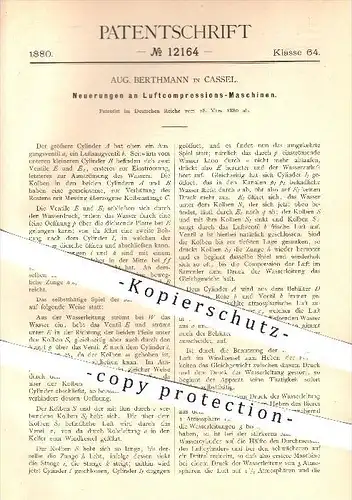 original Patent - Aug. Berthmann , Kassel , 1880 , Luftkompressions-Maschine für Ausschank , Bier , Wasser , Kompression