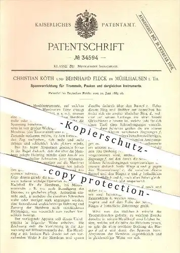 original Patent - C. Köth , B. Fleck , Mühlhausen , 1885 , Spannvorrichtung für Trommeln , Pauken , Musikinstrumente !!