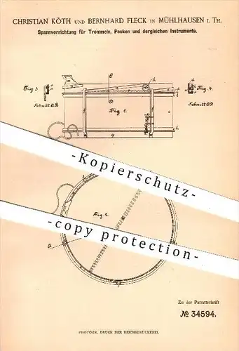 original Patent - C. Köth , B. Fleck , Mühlhausen , 1885 , Spannvorrichtung für Trommeln , Pauken , Musikinstrumente !!