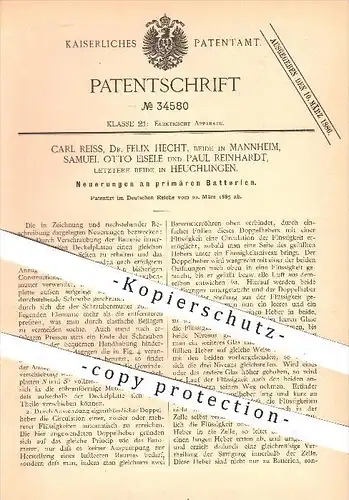 original Patent - C. Reiss , Dr. F. Hecht in Mannheim , S. O. Eisele , P. Reinhardt in Heuchlingen , 1885 , Batterien !