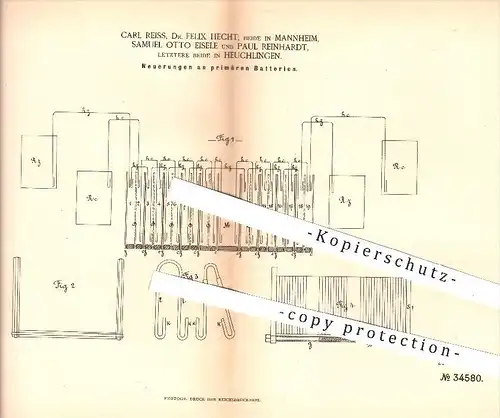 original Patent - C. Reiss , Dr. F. Hecht in Mannheim , S. O. Eisele , P. Reinhardt in Heuchlingen , 1885 , Batterien !