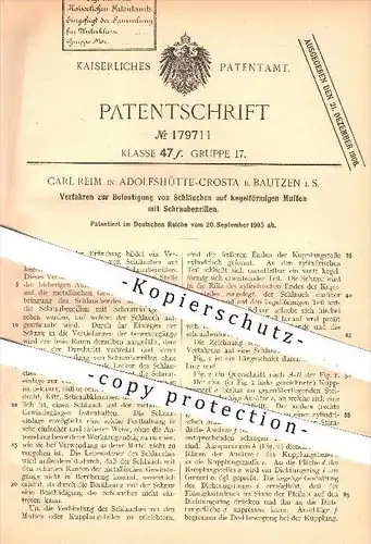original Patent - C. Reim , Adolfshütte - Crosta / Bautzen , 1905 , Befestigung von Schlauch auf Muffe , Schläuche !!