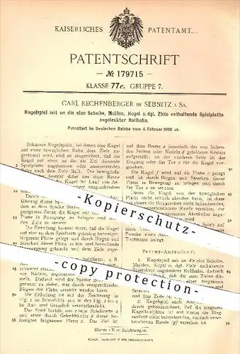 original Patent - Carl Rechenberger in Sebnitz , 1906 , Kugelspiel mit angelenkter Rollbahn , Kegelbahn , Kegeln , Sport