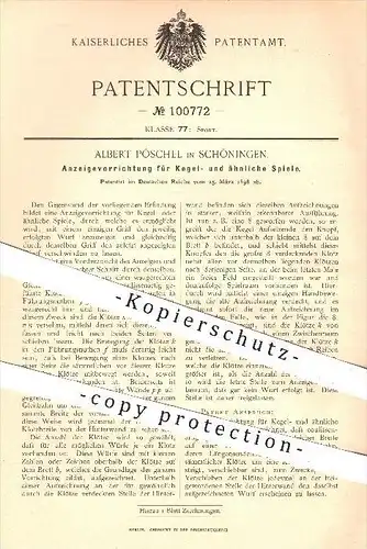 original Patent - A. Pöschel , Schöningen , 1898 , Anzeige für Kegelspiel , Kegel , Kegeln , Kegelbahn , Sport , Spiele