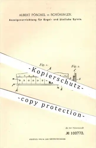 original Patent - A. Pöschel , Schöningen , 1898 , Anzeige für Kegelspiel , Kegel , Kegeln , Kegelbahn , Sport , Spiele