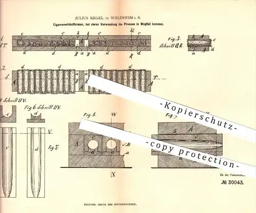 original Patent - Julius Kegel in Waldheim , 1884 , Zigarrenwickelform , Zigarren , Zigarre , Rauchen , Tabak , Pressen