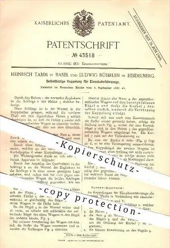 original Patent - H. Tamm , Basel / L. Bührlen , Heidelberg , 1887 , Kupplung für Eisenbahnen , Eisenbahn , Lokomotiven