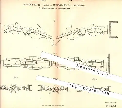 original Patent - H. Tamm , Basel / L. Bührlen , Heidelberg , 1887 , Kupplung für Eisenbahnen , Eisenbahn , Lokomotiven