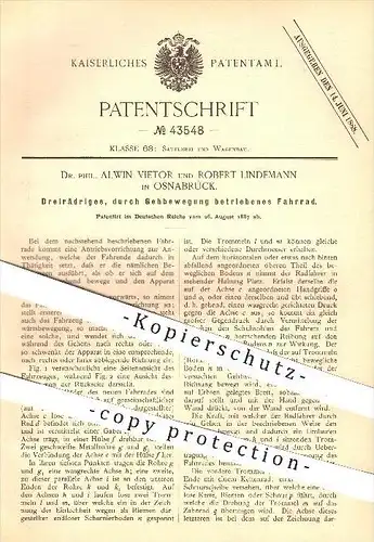 original Patent - Dr. Phil. Alwin Vietor , R. Lindemann , Osnabrück , 1887 , Dreirädriges Fahrrad , Fahrräder , Räder !