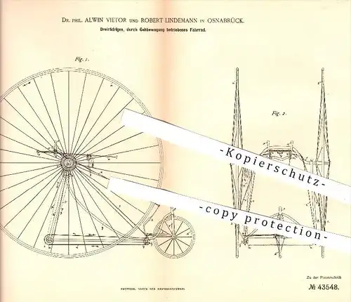 original Patent - Dr. Phil. Alwin Vietor , R. Lindemann , Osnabrück , 1887 , Dreirädriges Fahrrad , Fahrräder , Räder !