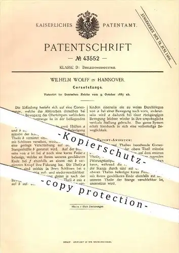 original Patent - Wilh. Wolff , Hannover , 1887 , Korsettstange , Korsett , Mode , Bekleidung , Schneider , Schneiderei