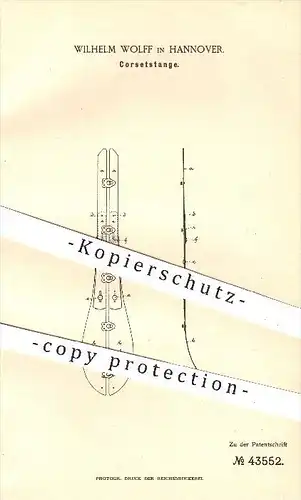 original Patent - Wilh. Wolff , Hannover , 1887 , Korsettstange , Korsett , Mode , Bekleidung , Schneider , Schneiderei