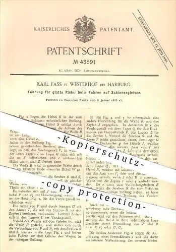 original Patent - K. Fass , Westerhof / Harburg , 1888 , Führung für Räder beim Fahren auf Schienengleis , Eisenbahn !!!