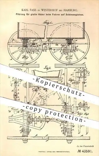 original Patent - K. Fass , Westerhof / Harburg , 1888 , Führung für Räder beim Fahren auf Schienengleis , Eisenbahn !!!