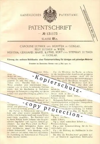 original Patent - C. Luther geb. Herpfer , Goslar / 1901 , Führung des Stahlbandes einer Fördervorrichtung , Förderung