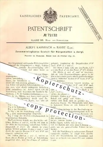 original Patent - Albert Karnbach in Barby , Elbe , 1893 , Gestell für Hängematten , Hängematte , Krankenhaus , Lazarett