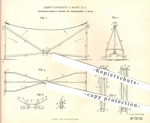 original Patent - Albert Karnbach in Barby , Elbe , 1893 , Gestell für Hängematten , Hängematte , Krankenhaus , Lazarett