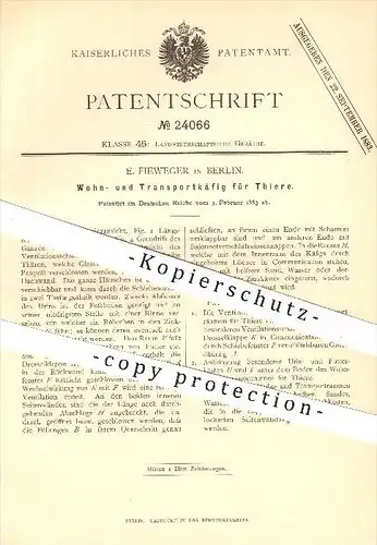 original Patent - E. Fieweger in Berlin , 1883 , Käfig für Tiere , Tiere , Käfige , Tierzucht , Tiertransport !!