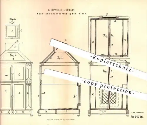 original Patent - E. Fieweger in Berlin , 1883 , Käfig für Tiere , Tiere , Käfige , Tierzucht , Tiertransport !!