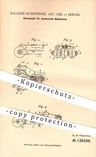 original Patent - Kalliope - Musikwerke AG , Leipzig , 1902 , Glockenspiel für mechanische Musikwerke , Glocke , Glocken