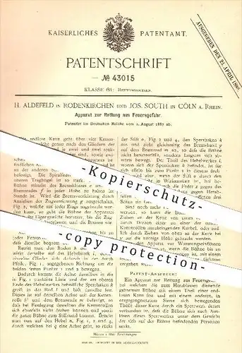 original Patent - H. Aldefeld , Rodenkirchen / Jos. South , Köln - Rhein , 1887 , Apparat zur Rettung aus Feuergefahr !!