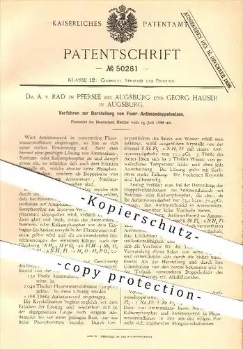 original Patent - Dr. A. v. Rad , Pfersee / G. Hauser , Augsburg 1888 , Darstellung von Fluor-Antimondoppelsalz , Chemie