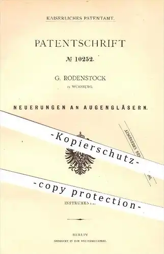 original Patent - G. Rodenstock in Würzburg , 1879 , Augengläser , Augen - Glas , Auge , Brillen , Brille , Optiker !!