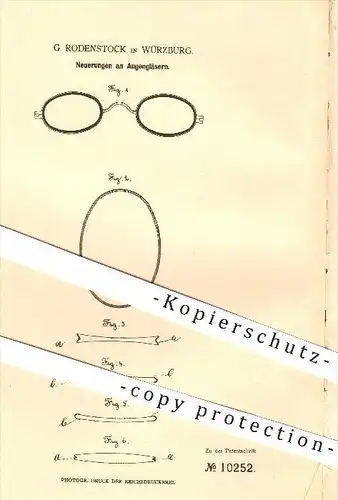 original Patent - G. Rodenstock in Würzburg , 1879 , Augengläser , Augen - Glas , Auge , Brillen , Brille , Optiker !!