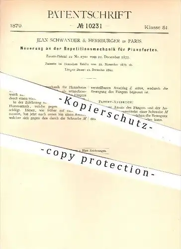 original Patent - Jean Schwander & Herrburger in Paris , 1879 , Repitationsmechanik für Pianofortes , Piano , Klavier !