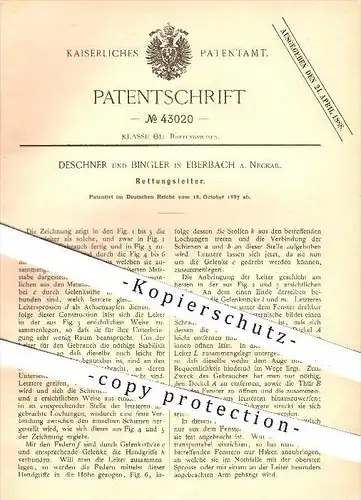 original Patent - Deschner & Bingler , Eierbach / Neckar , 1887 , Rettungsleiter , Leiter , Leiter , Feuerwehr , Rettung