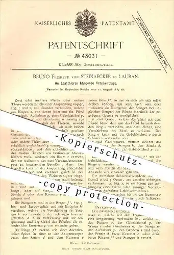 original Patent - Bruno Freiherr von Steinaecker in Lauban , 1887 , An Lasttieren hängende Krankentrage , Trage , Pferde