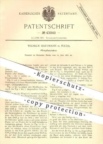 original Patent - Wilhelm Hartmann in Fulda , 1887 , Pfropfenzieher , Korkenzieher , Korken , Kork , Wein , Champagner !