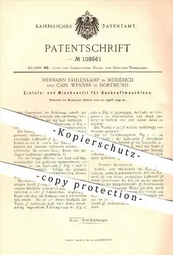 original Patent - H. Fahlenkamp , Meiderich / C. Wenner , Dortmund , 1899 , Einlassventil , Ventil für Gaskraftmaschinen