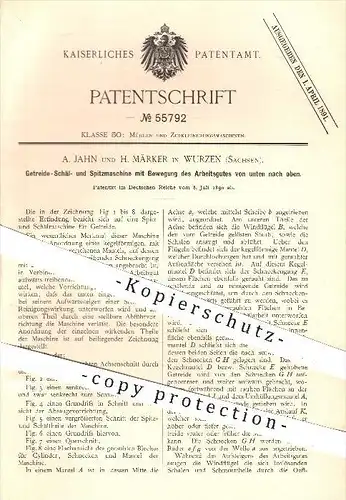 original Patent - A. Jahn , H. Märker / Wurzen , 1890 , Maschine zum Spitzen u. Schälen von Getreide , Mühlen , Müller !