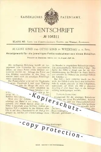original Patent - A. & O. Kind , Weidenau , 1898 , Anzeigewerk für die Futterentnahmen aus Trog , Landwirtschaft , Tiere