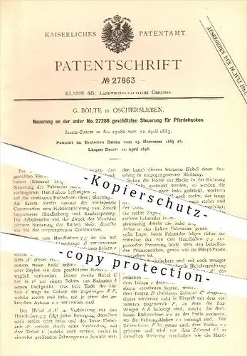 original Patent - G. Bölte in Oschersleben , 1883 , Steuerung für Pferdehacken , Landwirtschaft , Hacken , Fahrräder !!